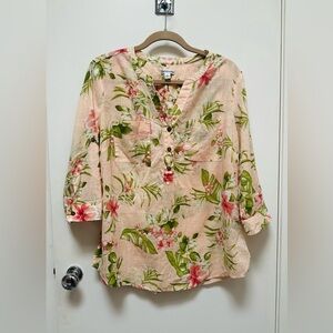 Lightweight 100% Cotton Women’s Floral Top with Roll-Up Sleeves